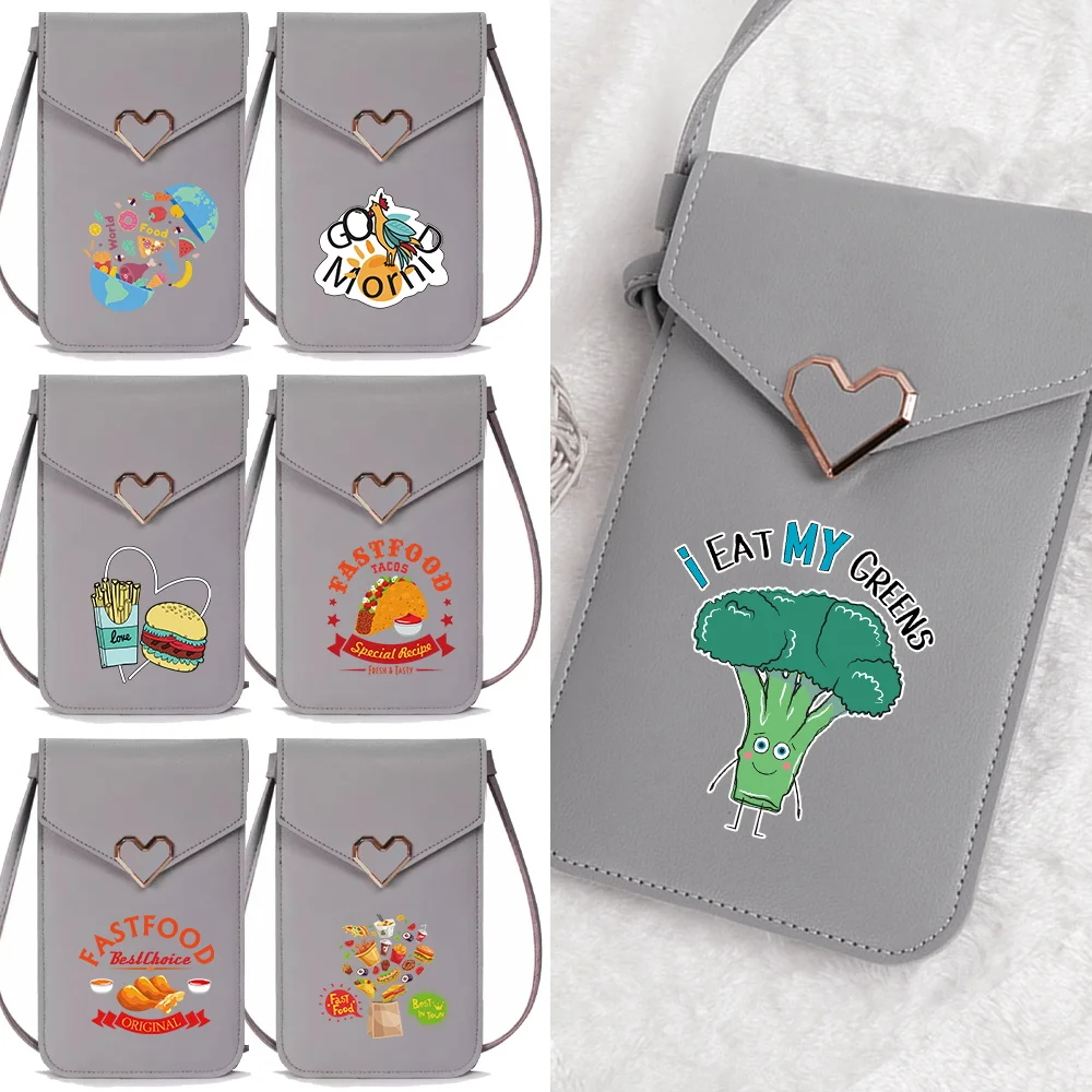 

Сумка-кошелек с прозрачным сенсорным экраном и наплечными ремнями, с узором в виде еды, для телефона, карт и монет, для покупок