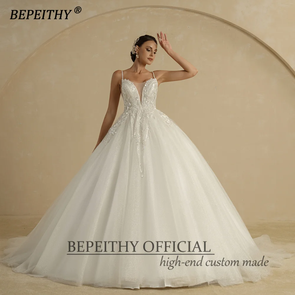 BEPEITHY Customized Luxury Wedding Dresses For Women Spaghetti Straps V Neck Court Train Glitter Bride Beading Bridal Ball Gown