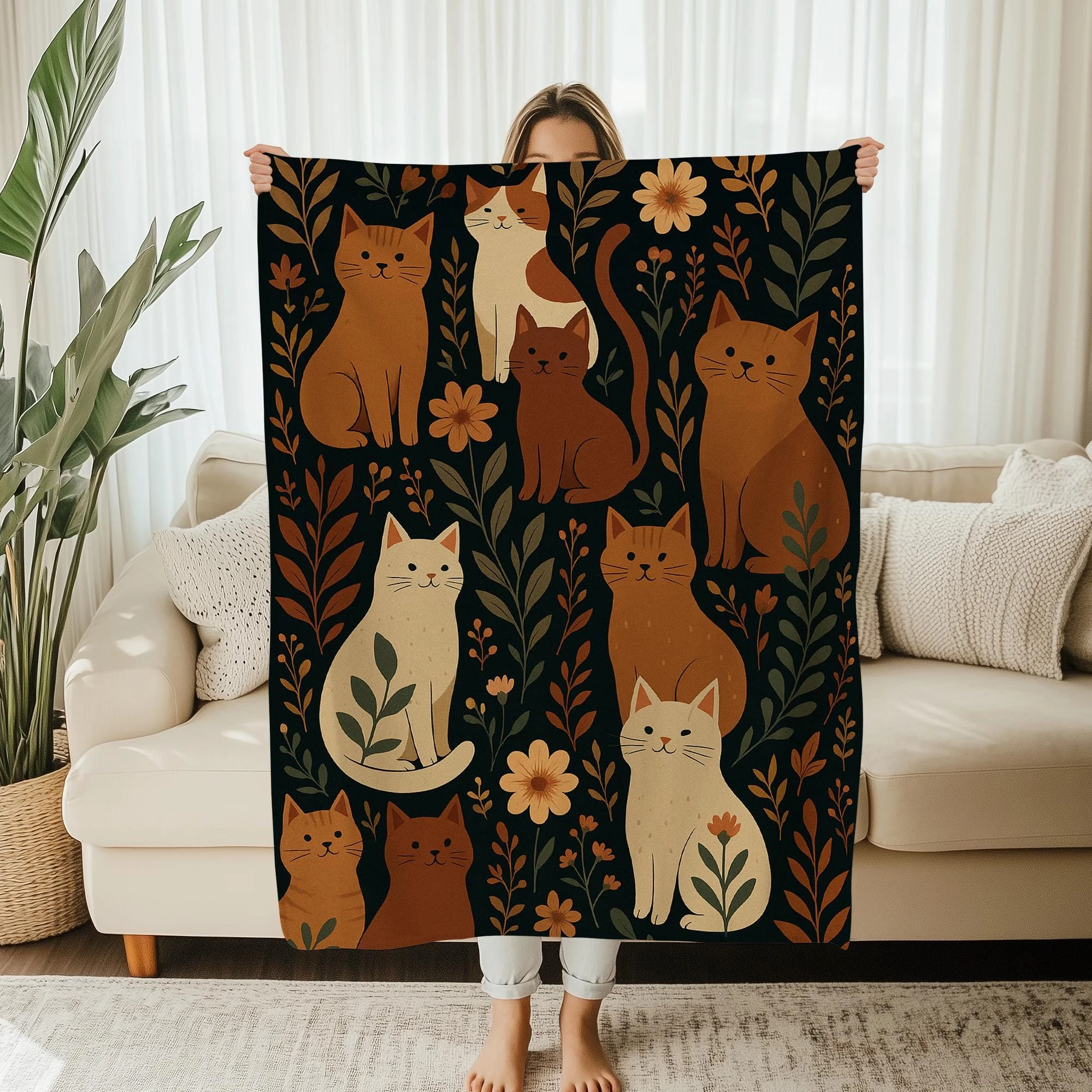 Retro Cat Floral Fleece Blanket Dark Background Vintage Plant Print Soft Flannel Fabric for Sofa Bedroom Warm Gentle Cozy Lovely