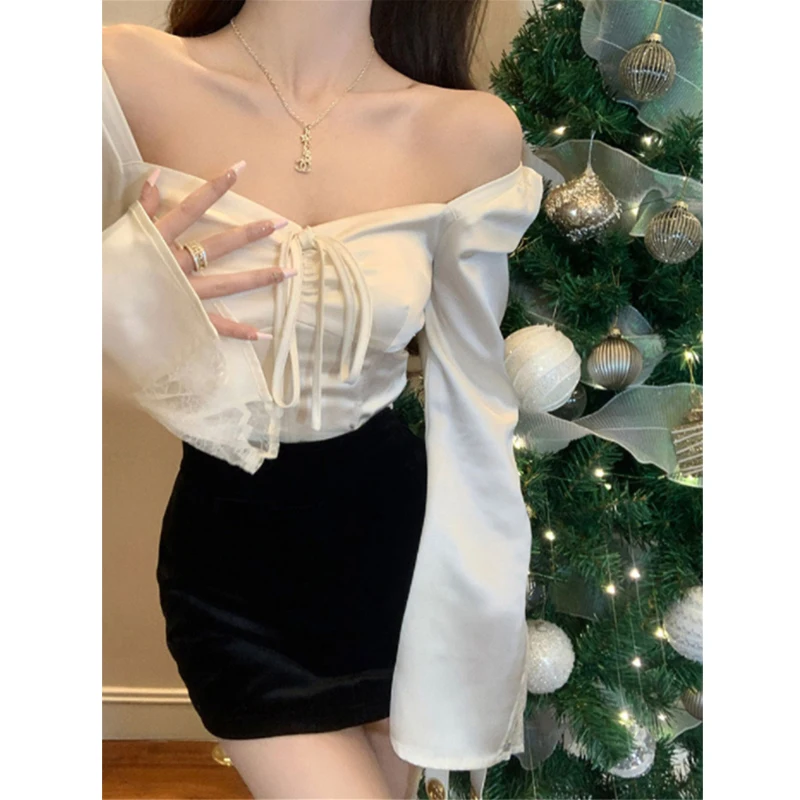 Women Vintage Fashion Luxury Satin Lace Up Fairy Blouse Elegant Ruched Square Neck Shirt Female Sexy Solid Long Sleeve Slim Tops