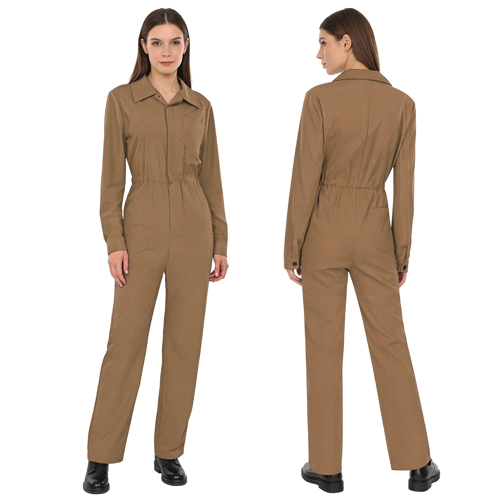 Women Solid Color Coverall Cargo Romper Turn-Down Collar Long Sleeve Button Jumpsuit Fashion Casual Travel Holiday Work Overalls