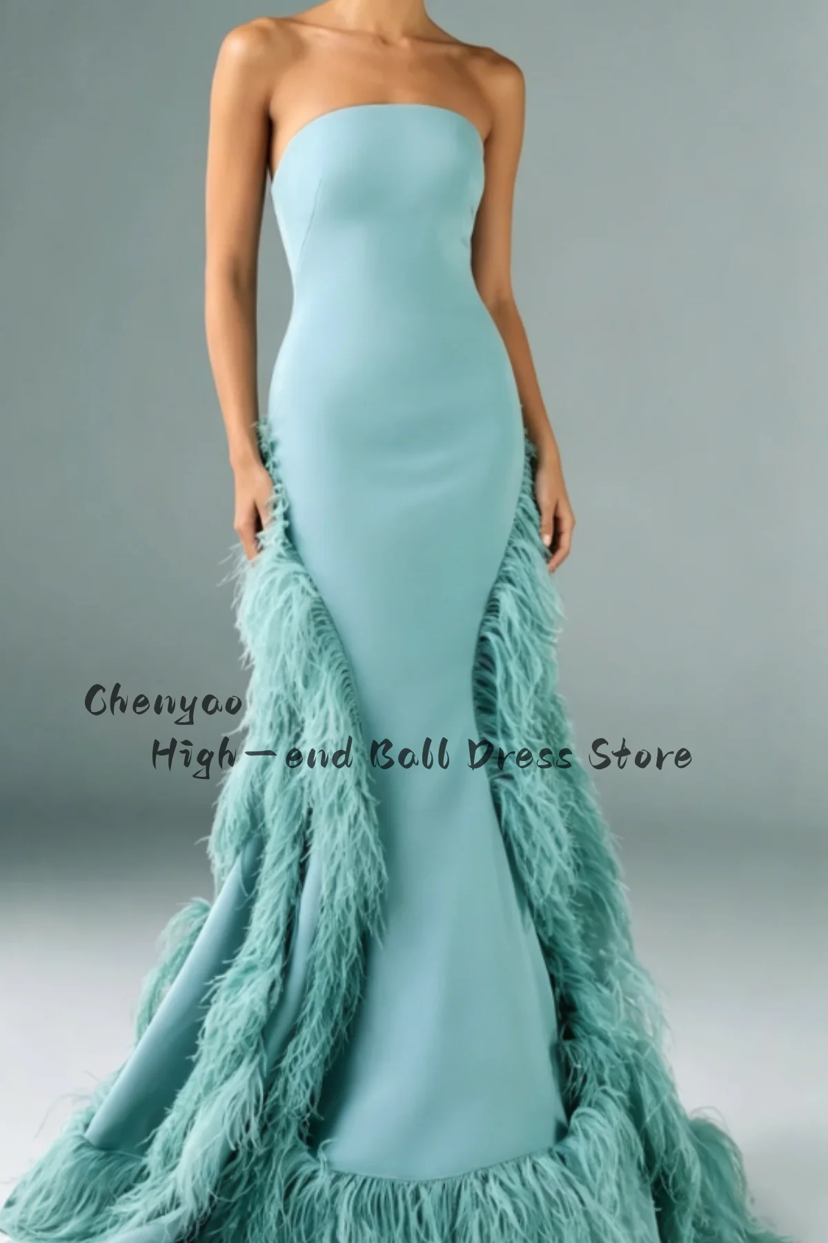 Vestido de fiesta personalizado sin tirantes con plumas, elegante, largo hasta el suelo, sin mangas, para eventos nocturnos, vestidos de fiesta elegantes