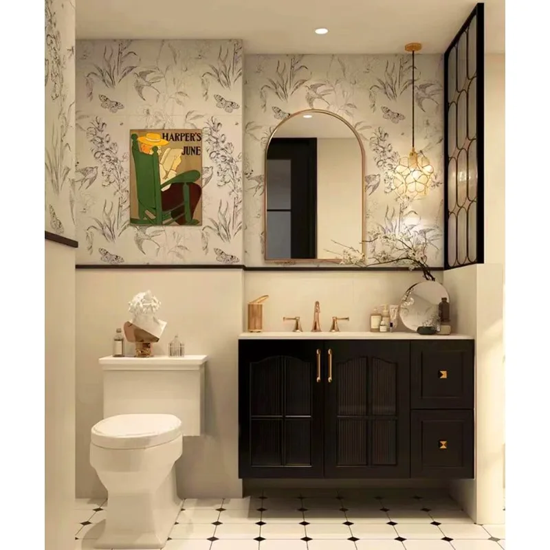 

French retro bathroom cabinet integrated ceramic basin American light luxury bathroom solid wood washing table combination