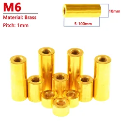 1pc M6 Brass Round Coupling Nut Female Thread Cylindrical Stud Standoff Sleeve Double Pass Hollow Pillar Width 10mm L=5-100mm