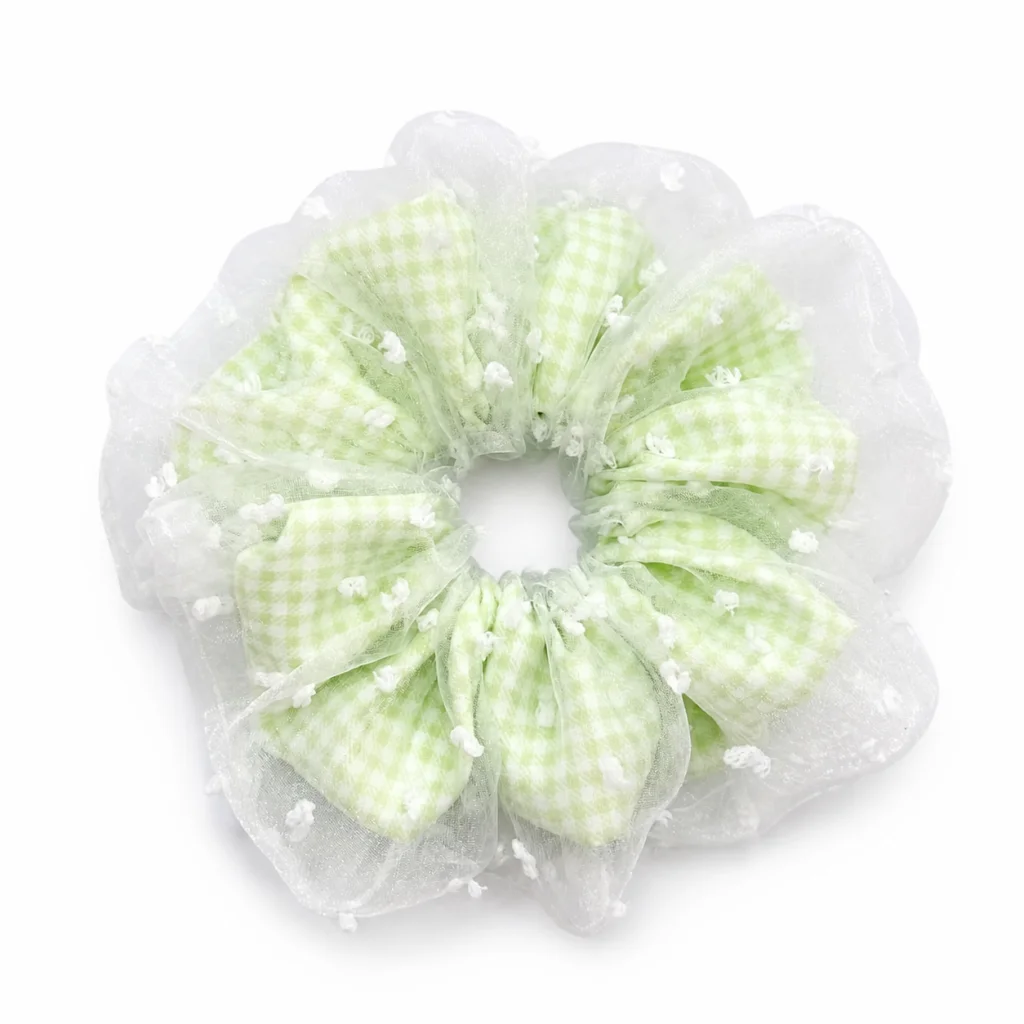 Spring Green Gingham Dotted Organza Ruffle Single-Layer Scrunchie Handmade Hair Tie