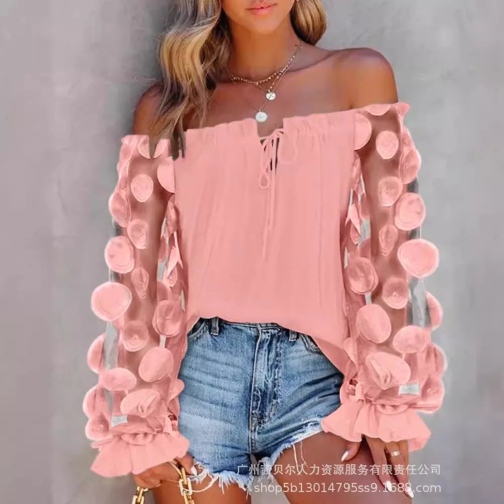 Women Tops Slash Neck Flare Sleeve Solid Pullovers Ruffles Casual T Shirts Elegant Lady Slight Strech Autumn 2024 Patchwork