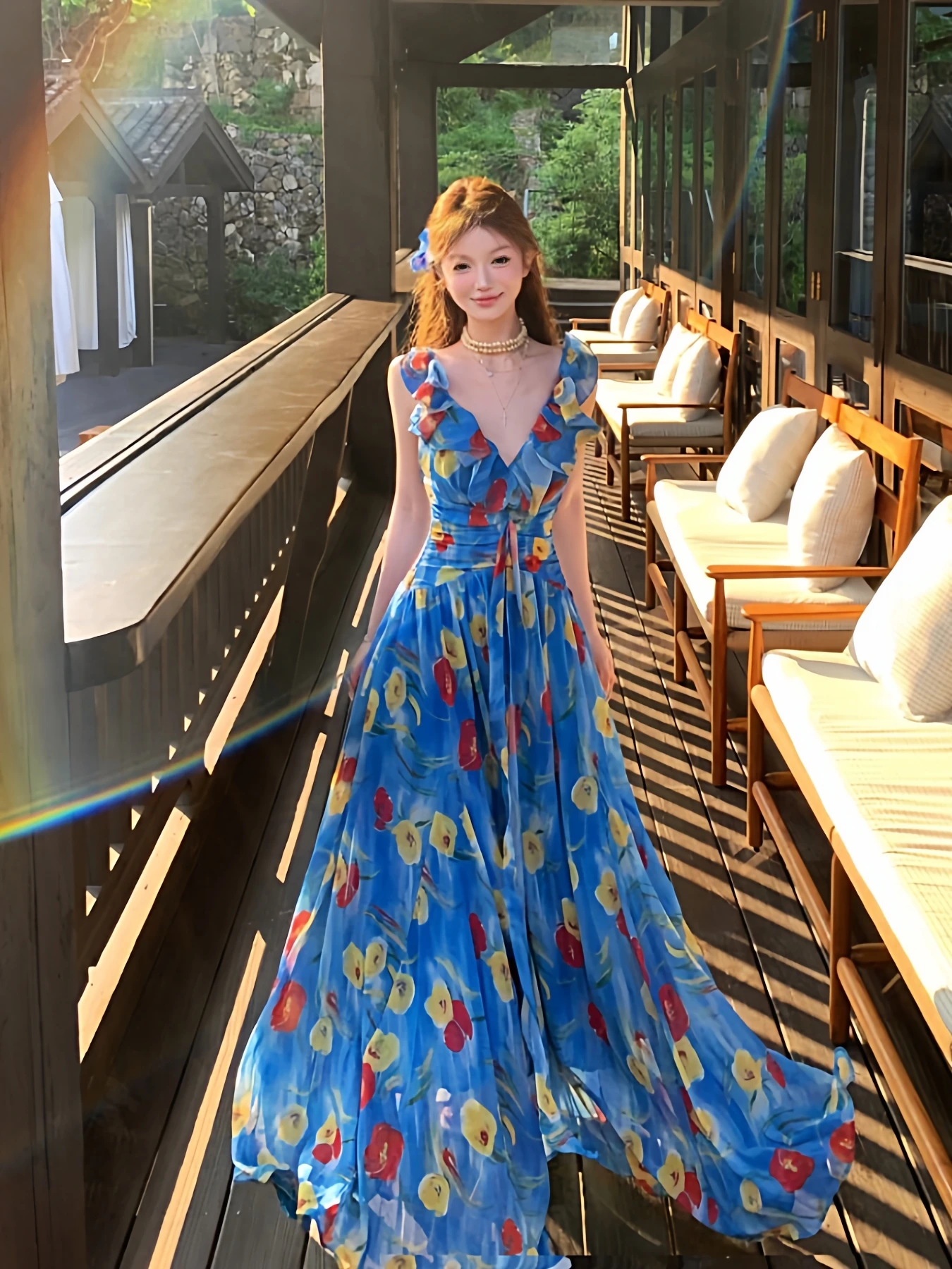 

Beach Vaion Sle Bell Sve Print V-Ne Dr Blue Dopane Beach Sand Beachwear Summer Spring Polyester No Elastici