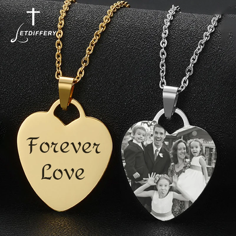 Letdiffery Custom Photo Name Necklace Stainless Steel for Women Men Personalized Laser Engraved Name Logol Date Pendant Jewelry