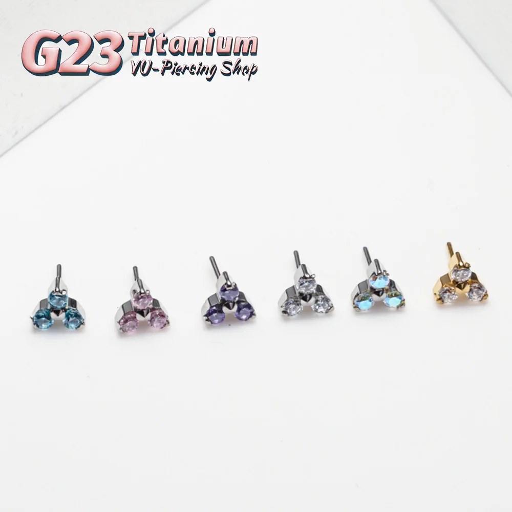 ASTM F136 Titanium Trinity CZ Push-In Threadless Piercing Stud Replacement Labret Helix Tragus Conch Lobe Cartilage Ear Jewelry