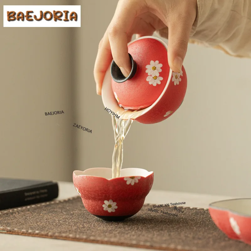 120ml Hawthorn Red Hand-painted Daisy Gaiwan Antique Tea Tureen Tea Bowl With Lid Kit Tea Maker Cover Bowl For Tea Collection