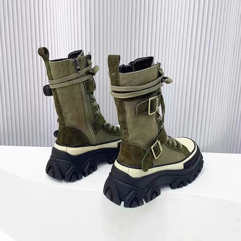 Women Green Winter Boots 2022 New Thick Bottom Women Canvas Flats Platform Chelsea Boots Non-Slip Sneaker Women Motorcycle Boots