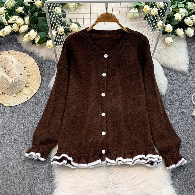 気質のあるカラーブロックニットのフリル付きラウンドネックカーディガンジャケット+ハイウエストスリムフィッシュテールハーフスカートセット