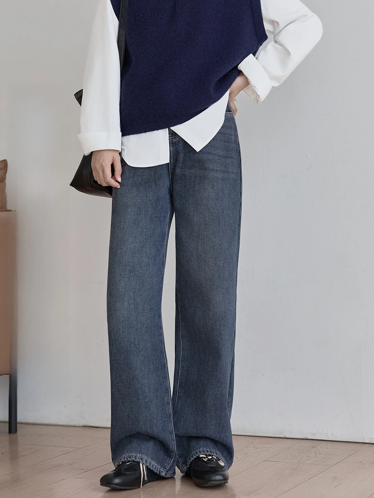 

Deep Blue High Waist Thiened Women's Jeans Winter New Sle Waed Straight Leg Pants Comfortable Casual Vintage Trousers