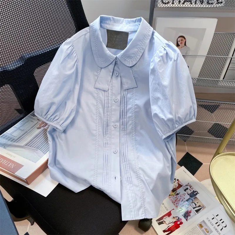 Kawaii Girls Preppy Style bow Shirt Female Doll Collar blue Blouse Women Japanese Sweet Short sleeve Shirts Tops Femme Harajuku