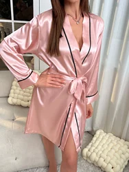 Simple Satin Night Robe Elegant V Neck Long Sleeve House Robe With Belt  Women's Sleepwear