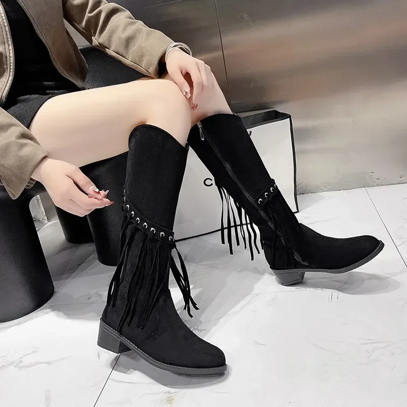 Chelsea Women High Boots 2024 Winter New Gladiator Mid Heels Knee High Trend Woman Shoes Punk Cozy Pointd Toe Brand Ladies Botas