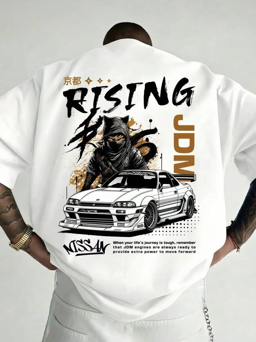 Men's "RISING Nisan" Graphic Tee, JDM Car & Nija Cat Print Short Sleeve Crew Neck T-Shirt, Japanese Streetwear Casual Top 100% Cotton Trendy Y2K Short-Sleeve Tee-Soft, Quick-Drying, Great Gift for Christmas or Halloween.