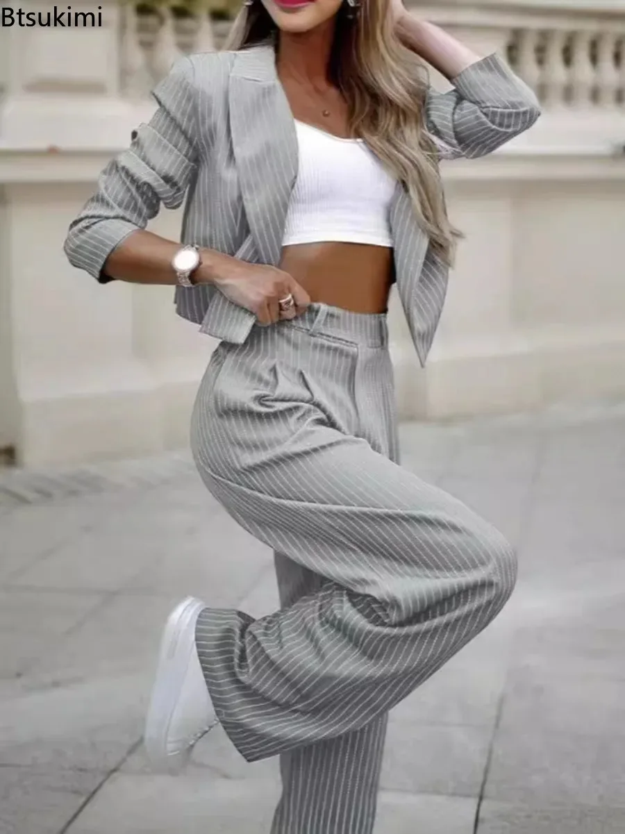 2026 Elegante 2-teilige Hosenanzüge für Damen im Streifen-Stil Kurze Jacke und Gerade Weite Hose Zweiteilige Büro-Business-Sets