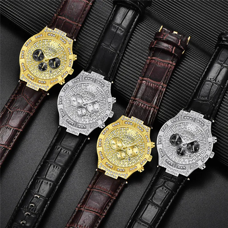 Men Original CURDDEN Brand Watches Students Fashion Leather Band Diamond Gold Date Quartz Wrist Watch Relogios Masculinos 2025