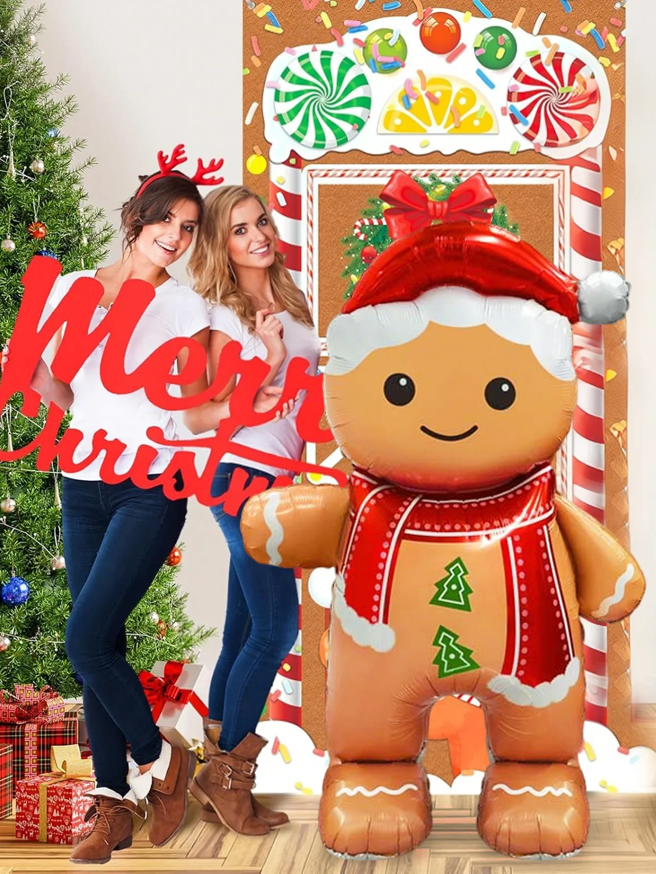 بالون من رقائق الألومنيوم لرجل خبز الزنجبيل المبتسم، مناسب لتزيين حفلات عيد الميلاد، بالونة عيد الميلاد للعام الجديد