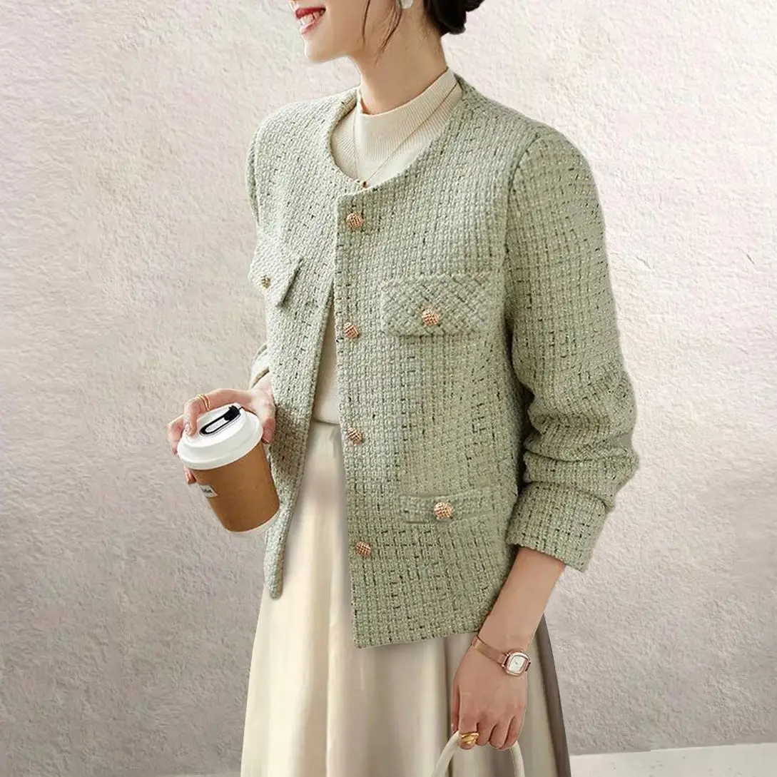 

Coarse Woolen Coat For Women Spring And Autumn Retro High-End Design Light Green Slimming Temperament Socialite Short Coat Beige