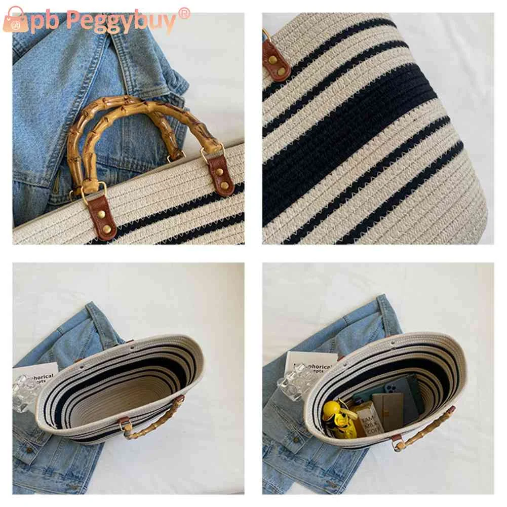 Ladies Woven Tote Bamboo Handle Holiday Hand Bag Large Capacity Striped Portable Casual Fashion Exquisite for Seaside Party