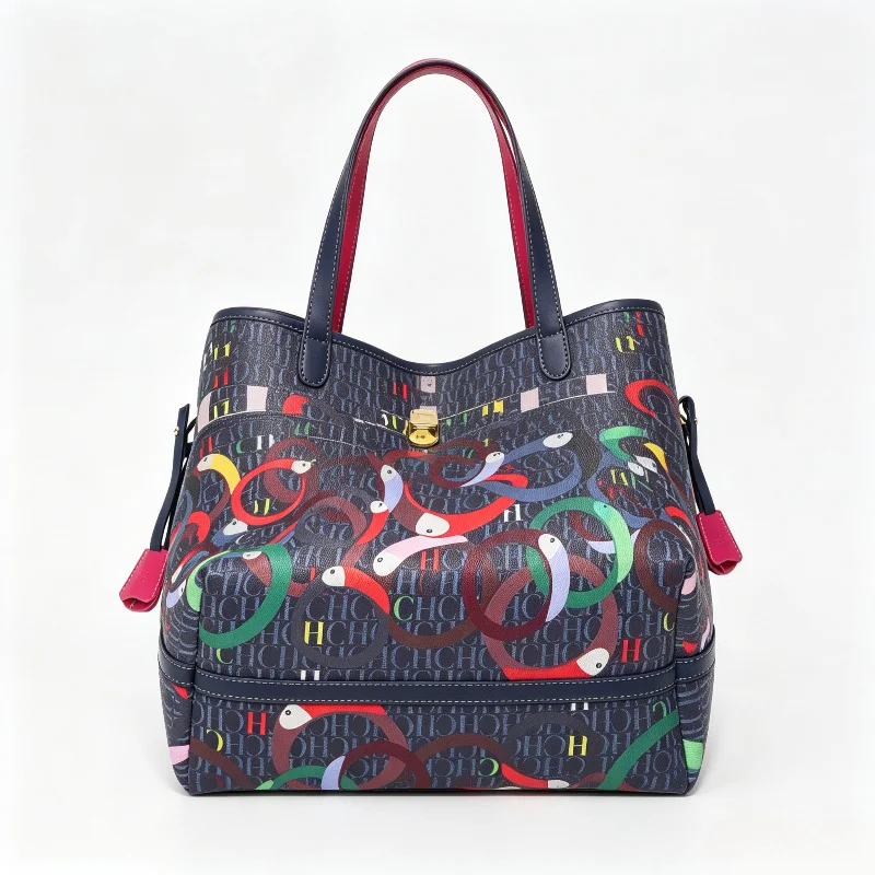 CHHC Women Colorful Snake Letter Print Tote Bag Faux Leather Metal Lock Decor Large Capacity Top Handle Shoulder Handbag