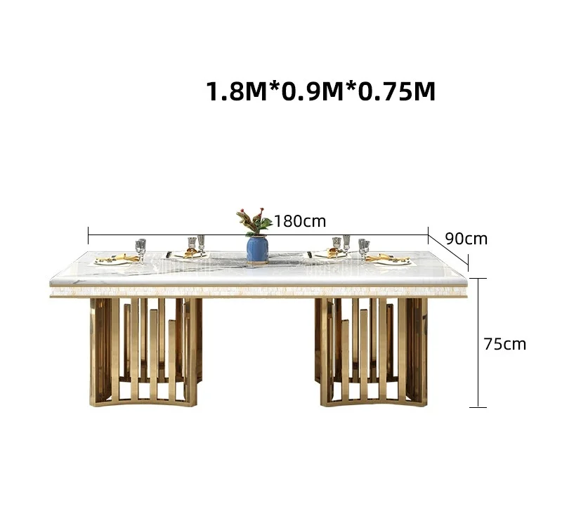 Luxury Style Marble Dining Table Modern Rectangle Kitchen Dining Room Table Gold Metal Pedestal Table and Designer Chairs