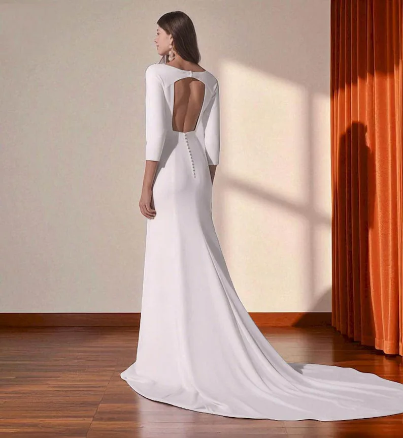 Customized Civil Wedding Dress Backless 3/4 Sleeves Scoop Collar Mermaid Bridal Dress Vestidos De Novia Simple Wedding Dress