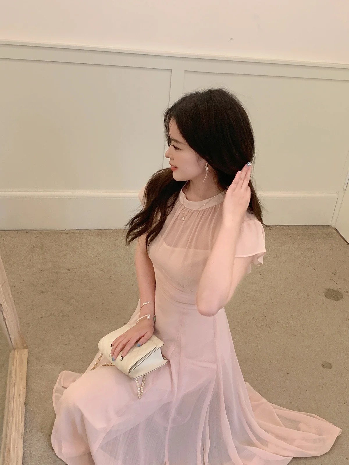 

Rosewth Gentle Ele Summer Dr Polyester Fiber Commute Sle Fairy Skirt No Sve round Ne Daily Wear for Ladies