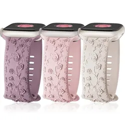 Floral Engraved Strap for Apple Watch Band 45mm 44mm 42mm 40mm 41mm 49mm Silicone Bracelet iWatch Series 8 7 6 9 SE ultra 5 4 3