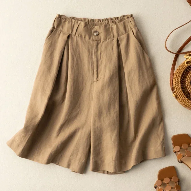 Nữ Mùa Hè Quần Short Cotton Khoác Quần Short Lưng Cao Lưng Thun Nút Ấm Cúng Rời Lanh Quần Short Thời Trang Mới 2022