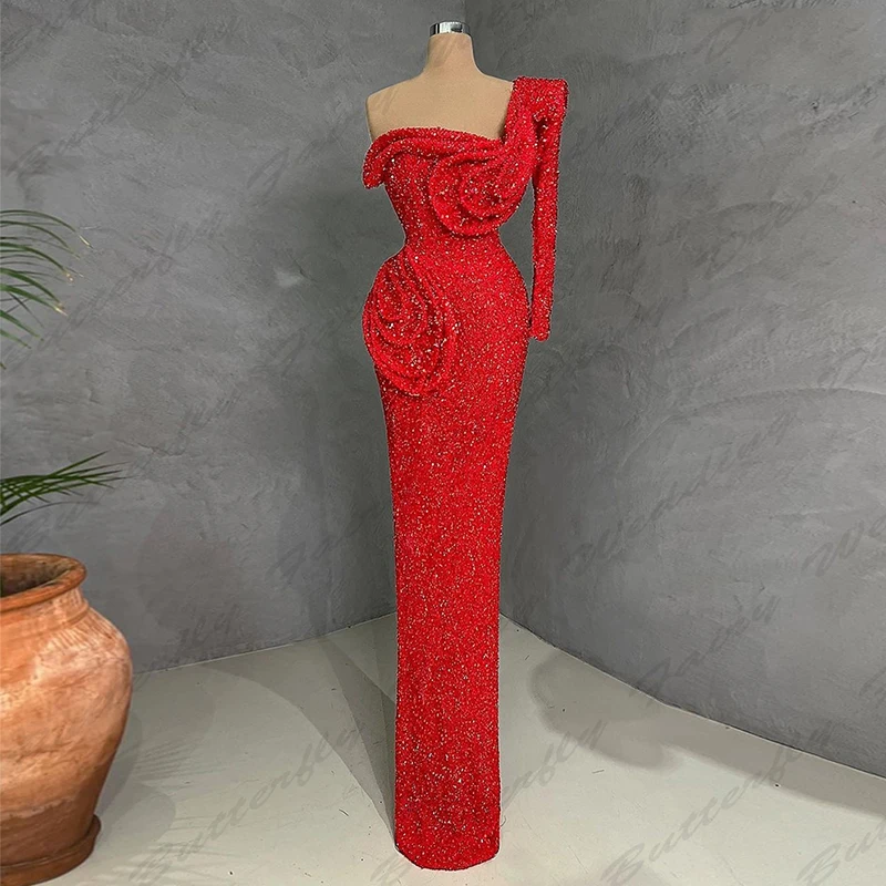 Sexy Formal New Evening Dresses Luxurious Sparkling Beading Sexy Backless Simple Single Shoulder Sleeve Prom Gowns For Women