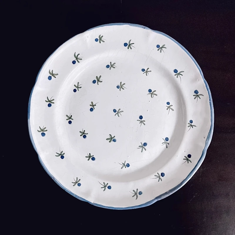 

French 19th century hand-painted small flower flat plate, dinner plate, medieval vintage