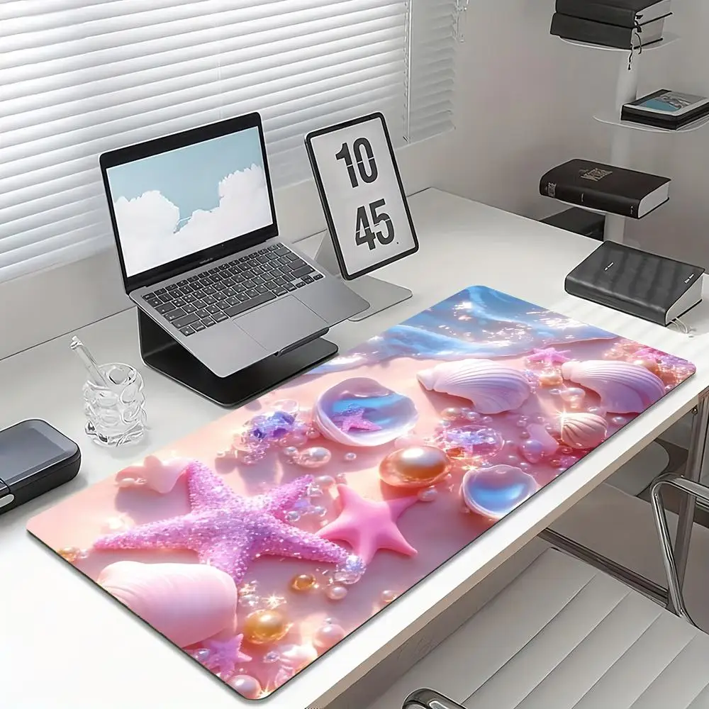 Pastel Starfish Seashell Large Gaming Desk Mat Non Slip Mousepad Stitched Edge Laptop Keyboard Coastal Design