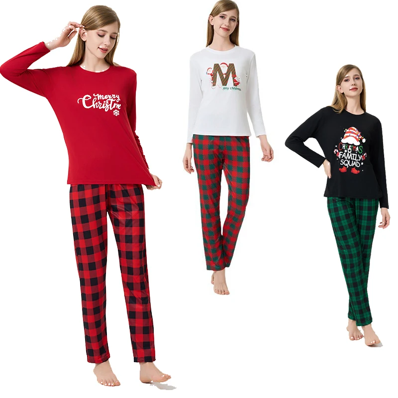 Women Christmas Pajama Suit Merry Christmas Letter Printed Pajamas Female Long Sleeved Checkered Suit S-XXL Pullover Pajama Set