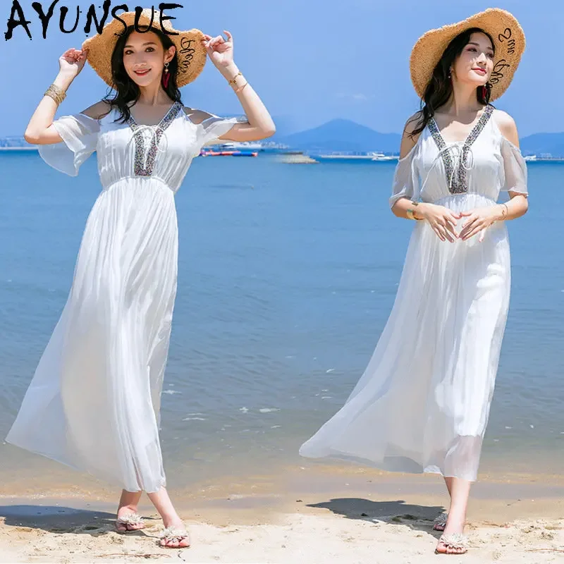 

Women's Dress Summer 100% Mulberry Silk Vacation Dresses Women's Clothes Elastic Waist Beach Dress Fairycore 2024 Vestido Mujer