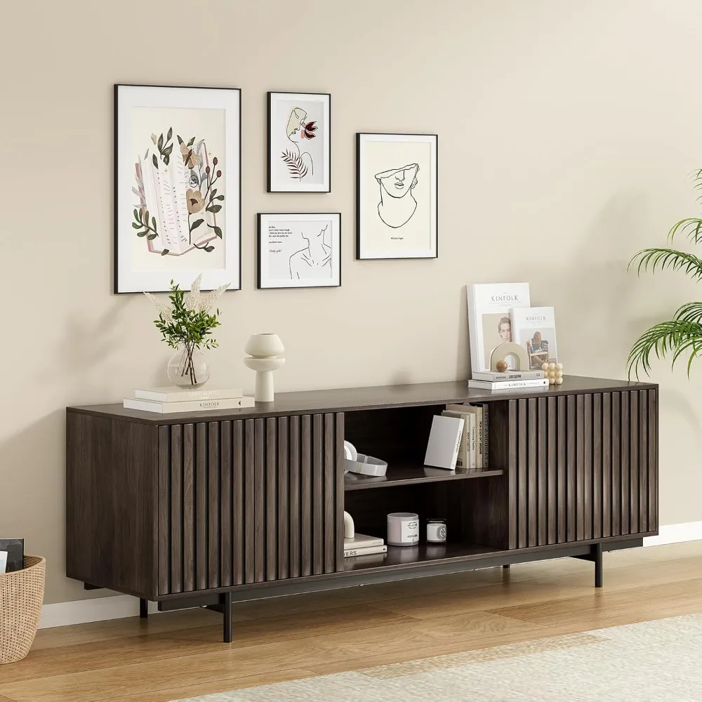 

TV Stand, Mid Century Modern for TVs Up to 75, Farmhouse Fluted TV Stand, Retro Wood TV Stand with Storage and Shelf