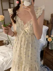 Soft Floral V-Neck Print Home Sweet Sleeveless NightDress Women French romance Strapless Loose Lace Korean Style Sleepwear Ins