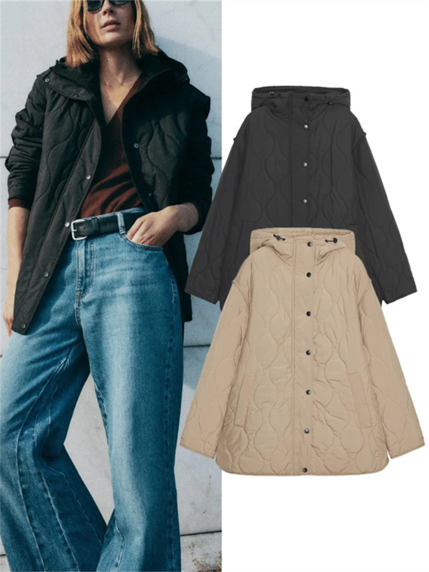 

Новая осенняя мода, простой воротник-стойка, длинный све, с капюшоном, украшенная хлопковая куртка, верхняя одежда, женская одежда