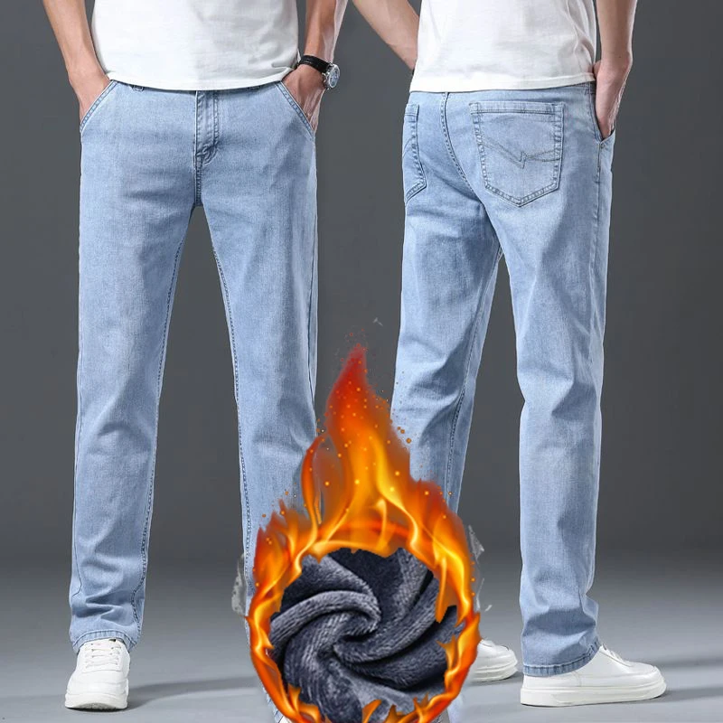 

2025 НОВЫЕ мужские осенне-зимние утепленные джинсы на флисовой подкладке, мужские теплые классические повседневные модные джинсовые брюки, облегающие свободные брюки