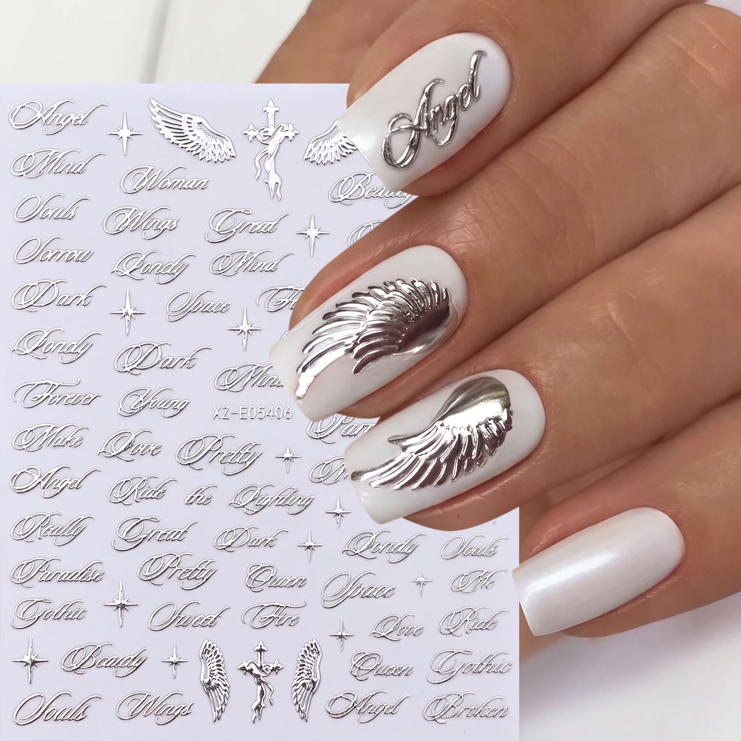4 Stück Vintage-Schrift-Englisch-Nagelaufkleber 3D Gothic Schwarz Gold Silber Kursiv Altenglisch Flügel Kreuz Stern Nagelsticker Y2K Nageldekor – Detail 3