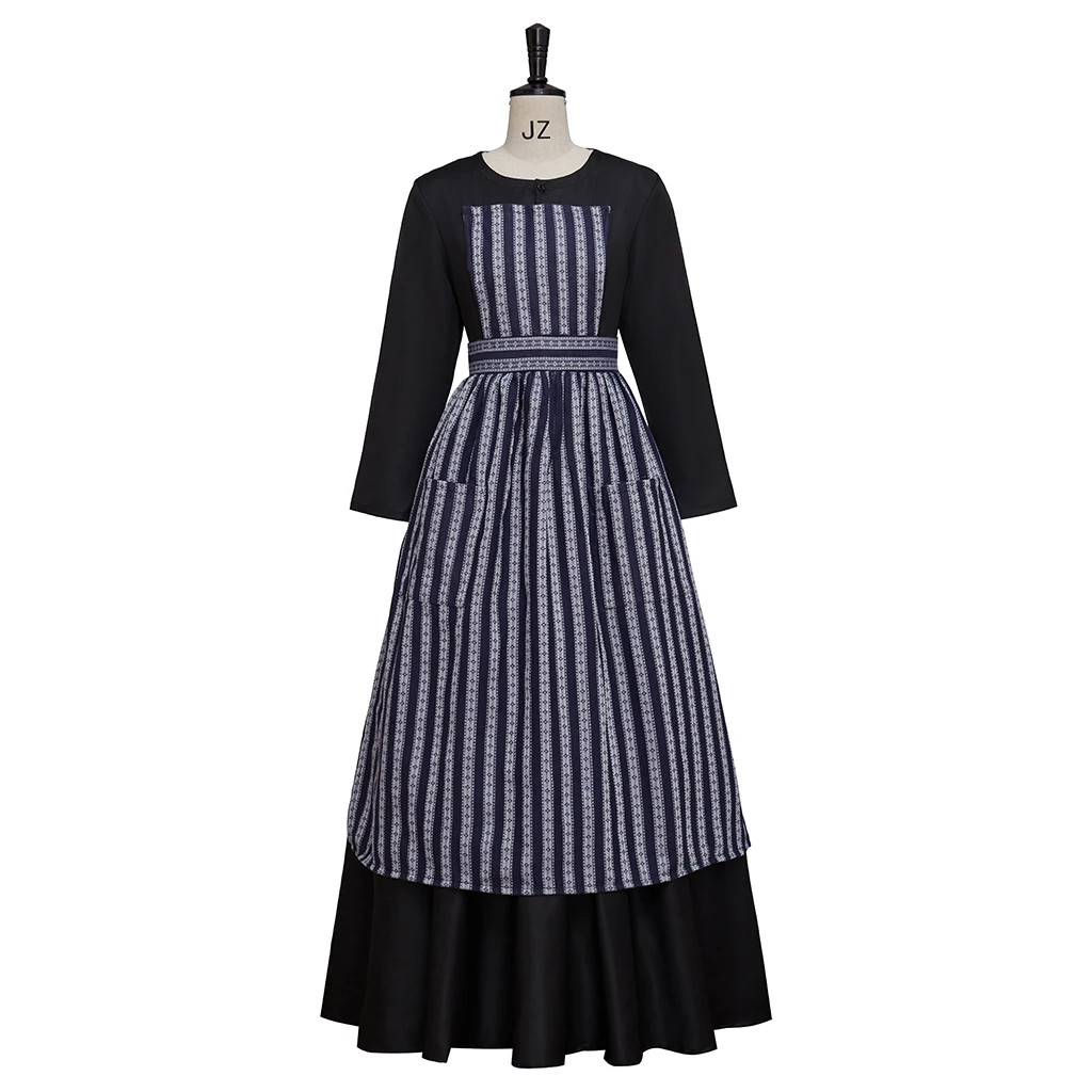Film „Der Klang der Musik“ Maria Cosplay-Kostüm Vintage Damen Gestreifte Schürze Schwarzes Maxikleid Halloween-Party-Outfit