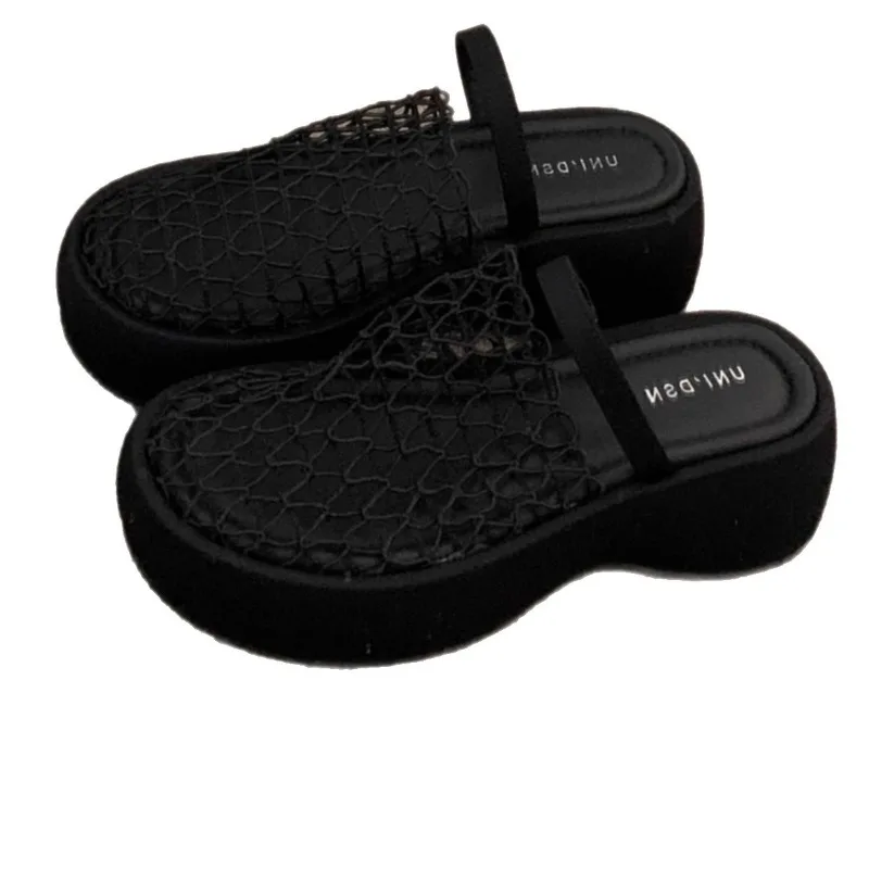 Черные сандалии на высоком каблуке с толстой подошвой Muffin, женская обувь, летние нежные полутапочки маленькой высоты