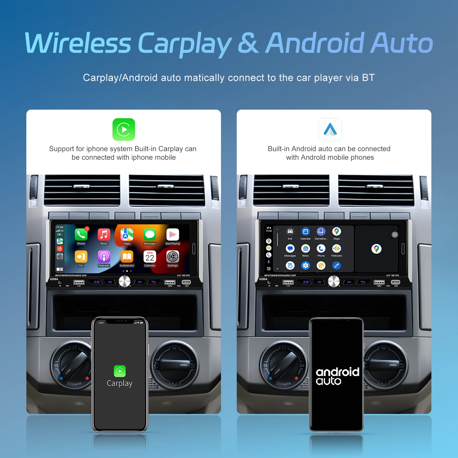 Camecho Carplay Android Auto 1 Din Car Radio 6.9