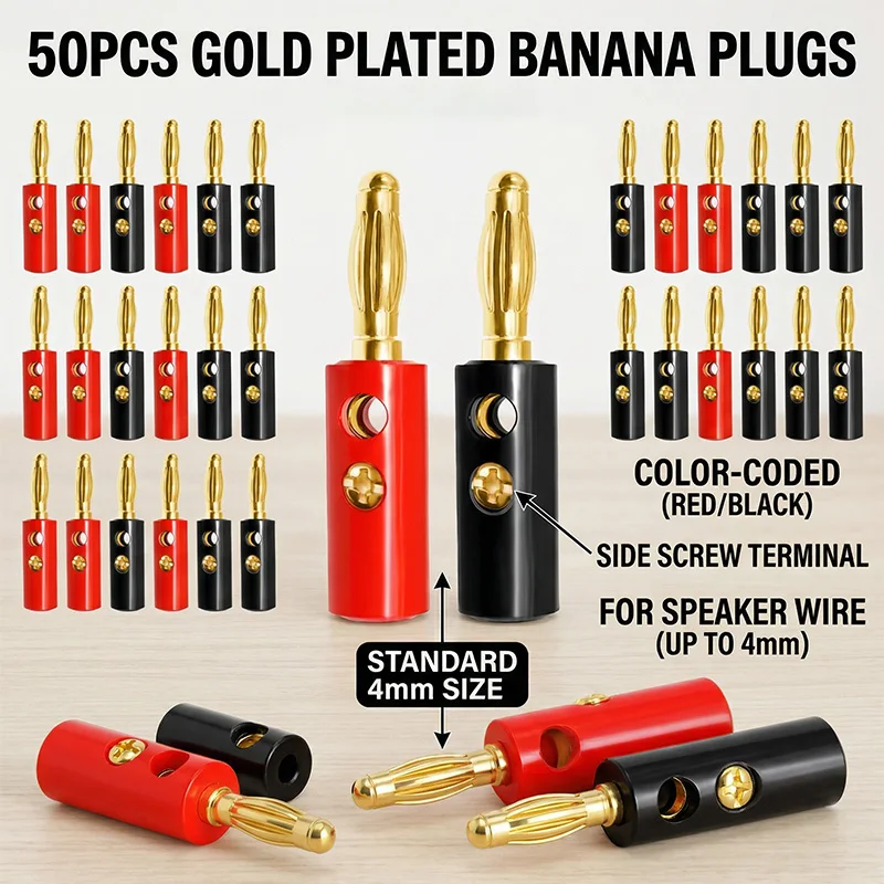 

50PCS 4mm Banana Plug Gold Plated -For Speaker Wire Red Black Audio Speaker Cable Wiring Post Banana Connector