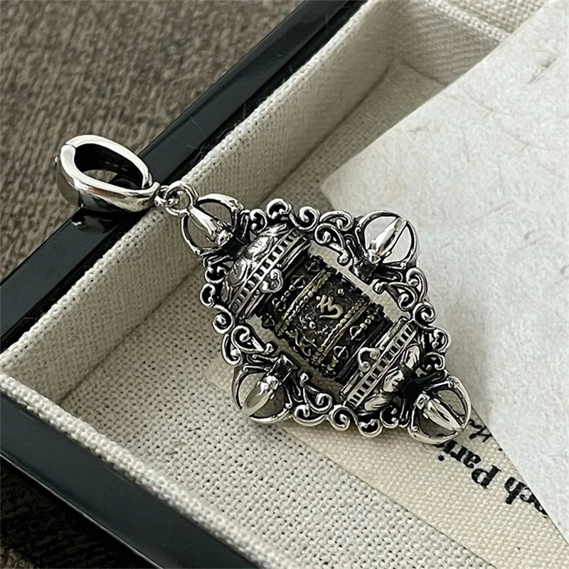 Vintage Relief Lines Vajra Pendant Male Sweater Chain Accessories Blessing Six Character Mantra Scripture Men Amulet Necklace
