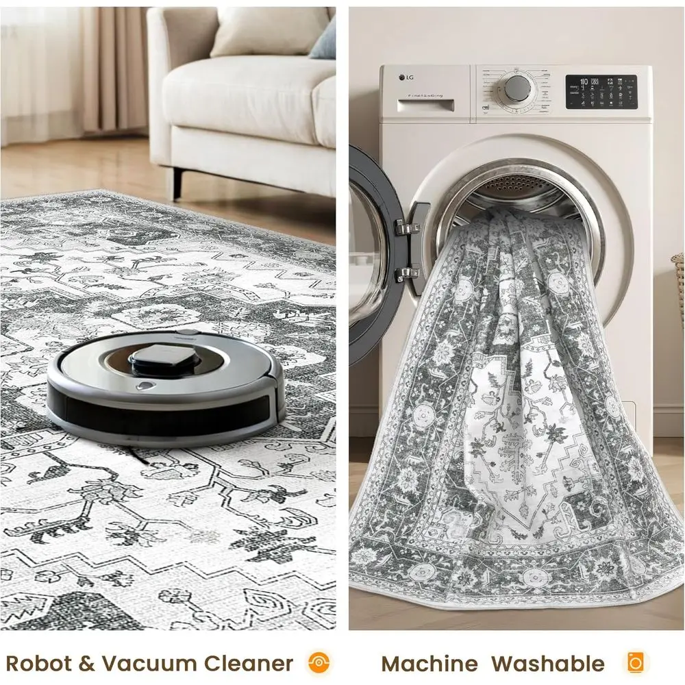 Grey 8x10 Stain-Resistant, Washable Neutral Rug for Living Room & Bedroom, Vintage Style, Non-Slip Large Area Rug