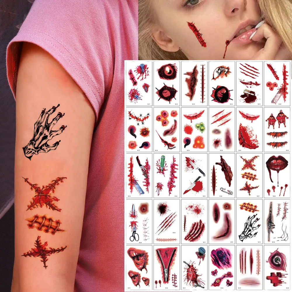 30pcs Waterproof Halloween Fake Tattoos Spider Web Scars Halloween Facial Makeup Tattoos Temporary Tattoos