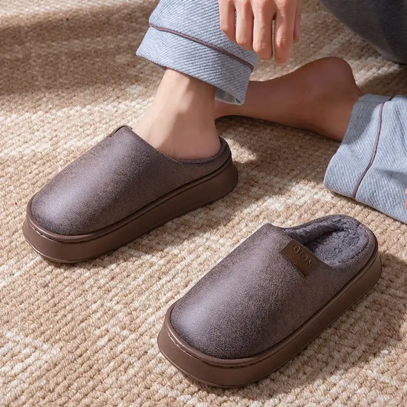 Men Winter Warm Slippers Waterproof PU Leather Fleece Lined Non Slip Indoor Home Thick Plush House Shoes Plus Size